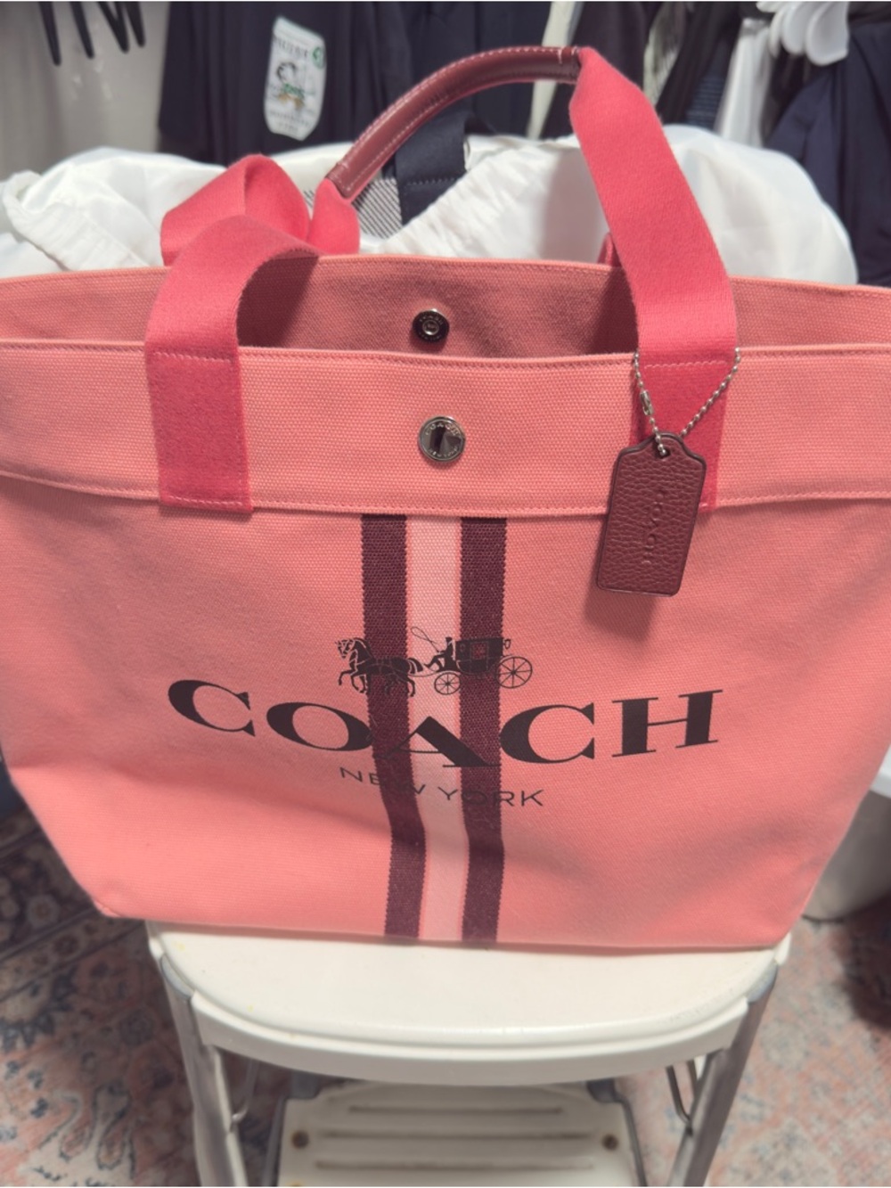 Coach Pink Canvas Tote with Dark Pink Stripe and Leather Tag